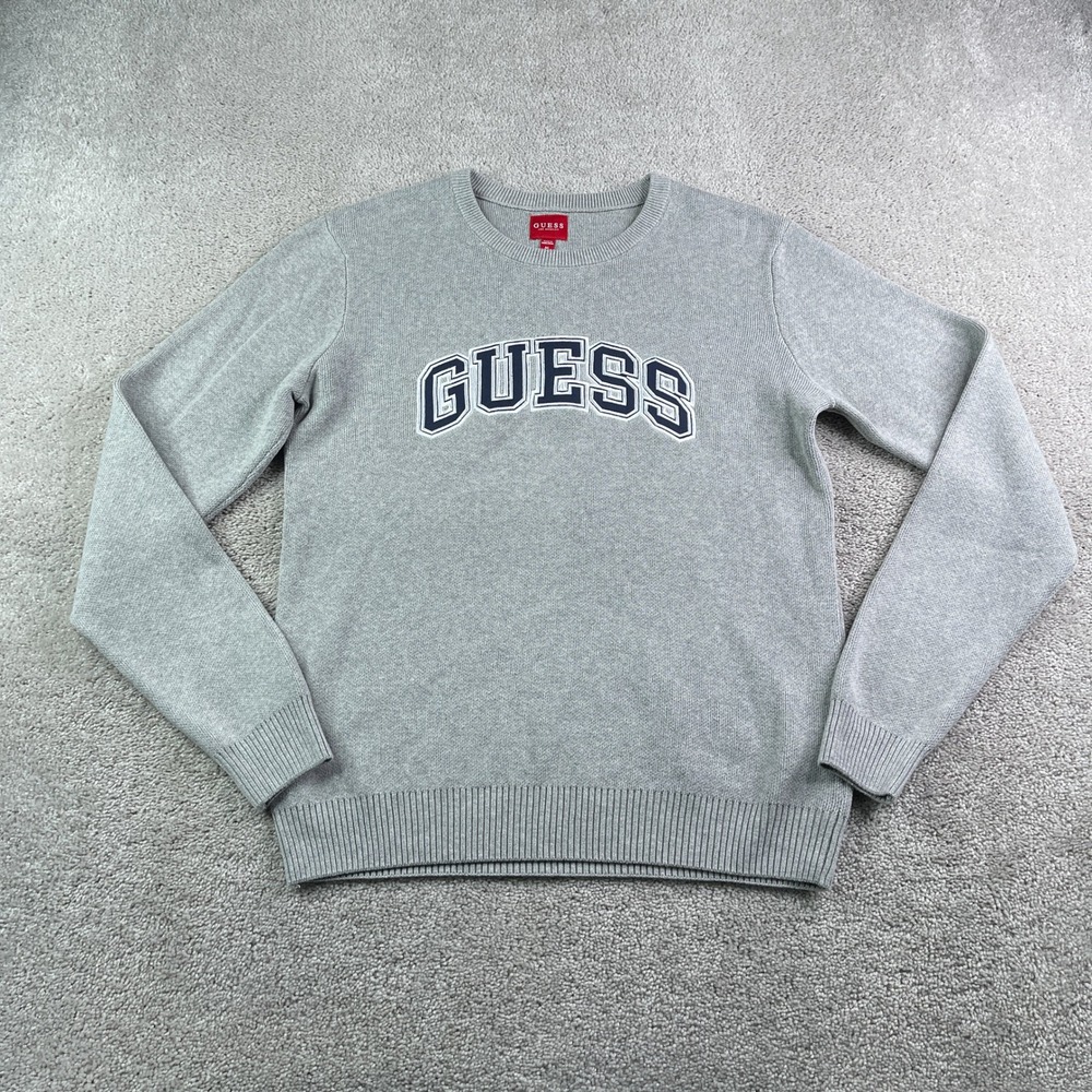 Guess Sweatshirt Mens Medium Gray Crewneck Arch Logo Cotton Pullover Streetwear